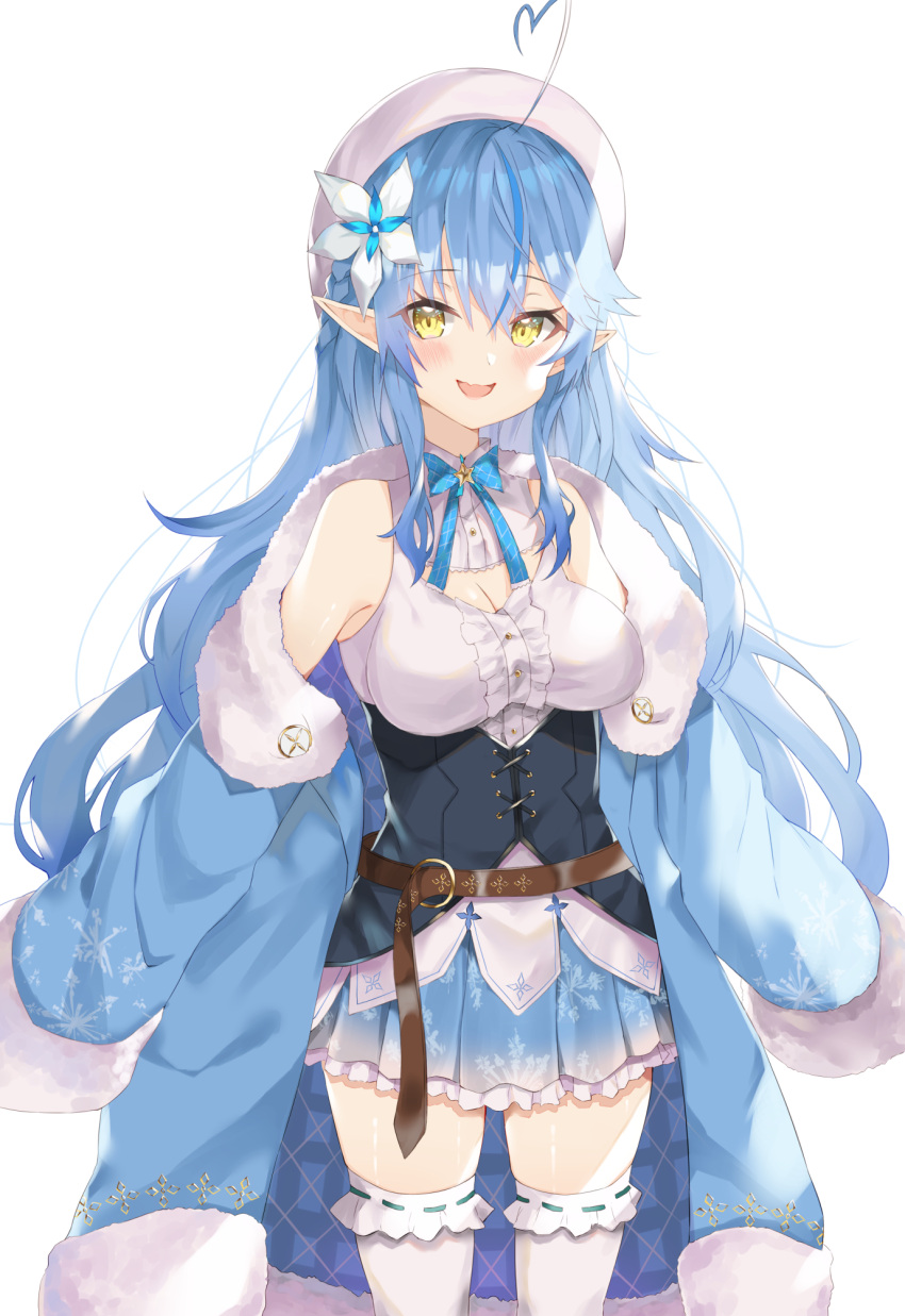 1girl ahoge bangs beret blue_hair blush breasts elf eyebrows_visible_through_hair flower fur_trim hair_between_eyes hair_flower hair_ornament hat heart_ahoge highres hololive large_breasts long_hair looking_at_viewer open_mouth pointy_ears simple_background solo sutei_(arece15) thigh-highs thighs virtual_youtuber white_background white_legwear yellow_eyes yukihana_lamy