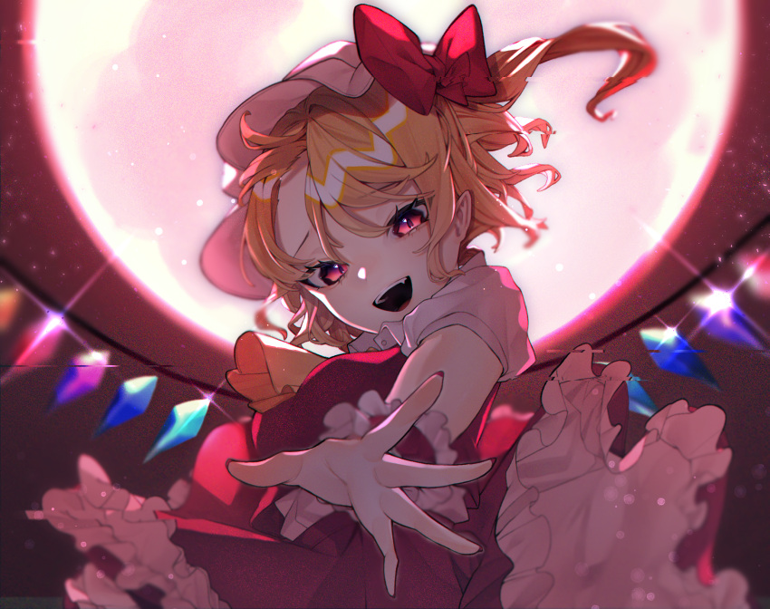 1girl :d bangs blonde_hair blurry bokeh breasts commentary_request cravat depth_of_field diffraction_spikes fang flandre_scarlet floating full_moon glint glitch hat hat_ribbon highres kappa_mame looking_at_viewer mob_cap moon night night_sky one_side_up open_mouth outdoors outstretched_hand parted_bangs petticoat pointy_ears puffy_short_sleeves puffy_sleeves reaching_out red_eyes red_moon red_skirt red_vest ribbon shirt short_hair short_sleeves skirt sky small_breasts smile solo touhou upper_body upper_teeth vest white_headwear white_shirt wings wrist_cuffs yellow_neckwear