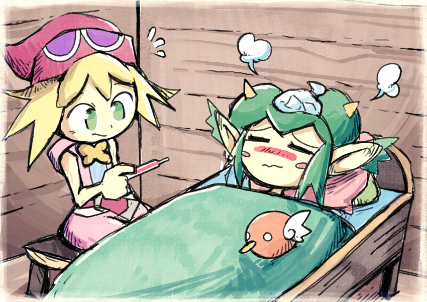 2girls amitie bag bed blanket blonde_hair blush blush_stickers closed_eyes closed_mouth commission fever green_eyes green_hair hat horns ice_bag lying pillow pointy_ears puyopuyo red_hat rider_(puyopuyo) setz sick sitting sleeveless sleeveless_shirt wooden_floor wooden_wall