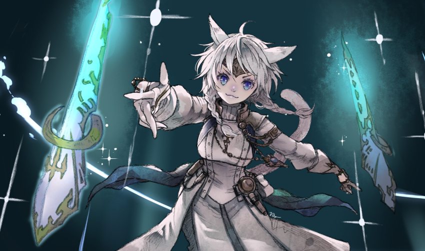 1girl :3 animal_ears blue_eyes braid cat_ears cat_tail circlet dark_background final_fantasy final_fantasy_xiv floating_weapon glowing glowing_weapon light_particles miqo'te pale_skin pointing pointing_at_viewer ren-co sage_(final_fantasy) silver_hair smile solo sparkle tail twin_braids weapon