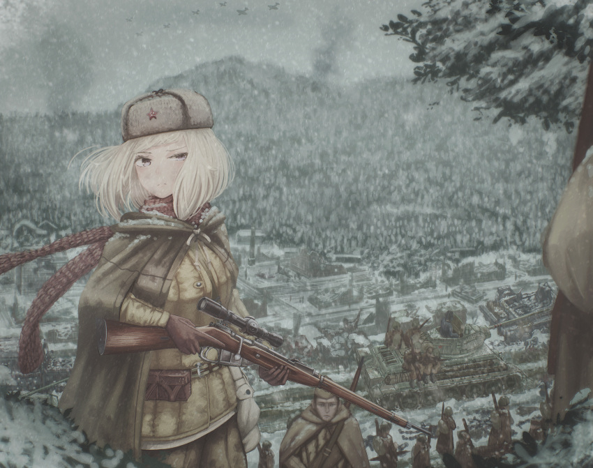 1girl 6+boys absurdres aircraft airplane ammunition_pouch backpack bag blonde_hair blurry bolt_action city commentary dark depth_of_field fur_hat garrison_cap gloves grey_eyes ground_vehicle gun hammer_and_sickle hat helmet highres hill landscape looking_to_the_side military military_uniform military_vehicle mosin-nagant motor_vehicle multiple_boys original poncho pouch rifle rifle_on_back ruins scarf scenery scope short_hair sitting sky sling smoke snow snowing spica_(qualia_juice) t-34 tank tank_helmet tree trigger_discipline uniform ushanka walking war weapon weapon_on_back wince wind winter winter_uniform world_war_ii