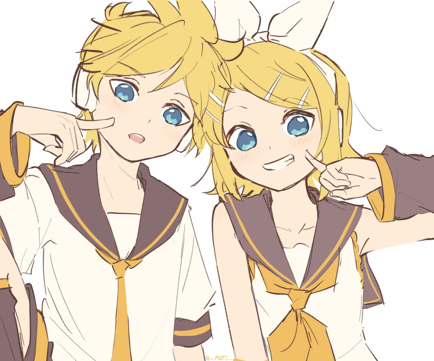 1boy 1girl arm_warmers bangs bare_shoulders black_collar black_sleeves blonde_hair blue_eyes bow cheek_poking collar commentary finger_to_cheek grin hair_bow hair_ornament hairclip headphones highres kagamine_len kagamine_rin looking_at_viewer m0ti neckerchief necktie open_mouth poking sailor_collar school_uniform shirt short_hair short_ponytail sketch sleeveless sleeveless_shirt smile spiky_hair swept_bangs upper_body vocaloid white_background white_bow white_shirt yellow_neckwear