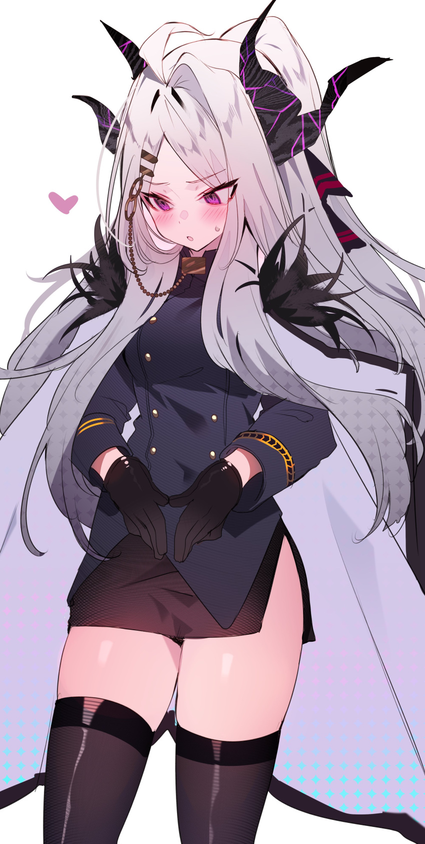 1girl :o absurdres black_gloves black_jacket black_legwear black_skirt blue_archive blush breasts coat coat_on_shoulders eyebrows_visible_through_hair fur_collar gloves graphite_(medium) hair_ornament hair_ribbon heart highres hina_(blue_archive) horns jacket long_hair long_sleeves multiple_horns ribbon side_slit silver_hair simple_background skirt solo soukou_makura sweat thigh-highs traditional_media violet_eyes white_background