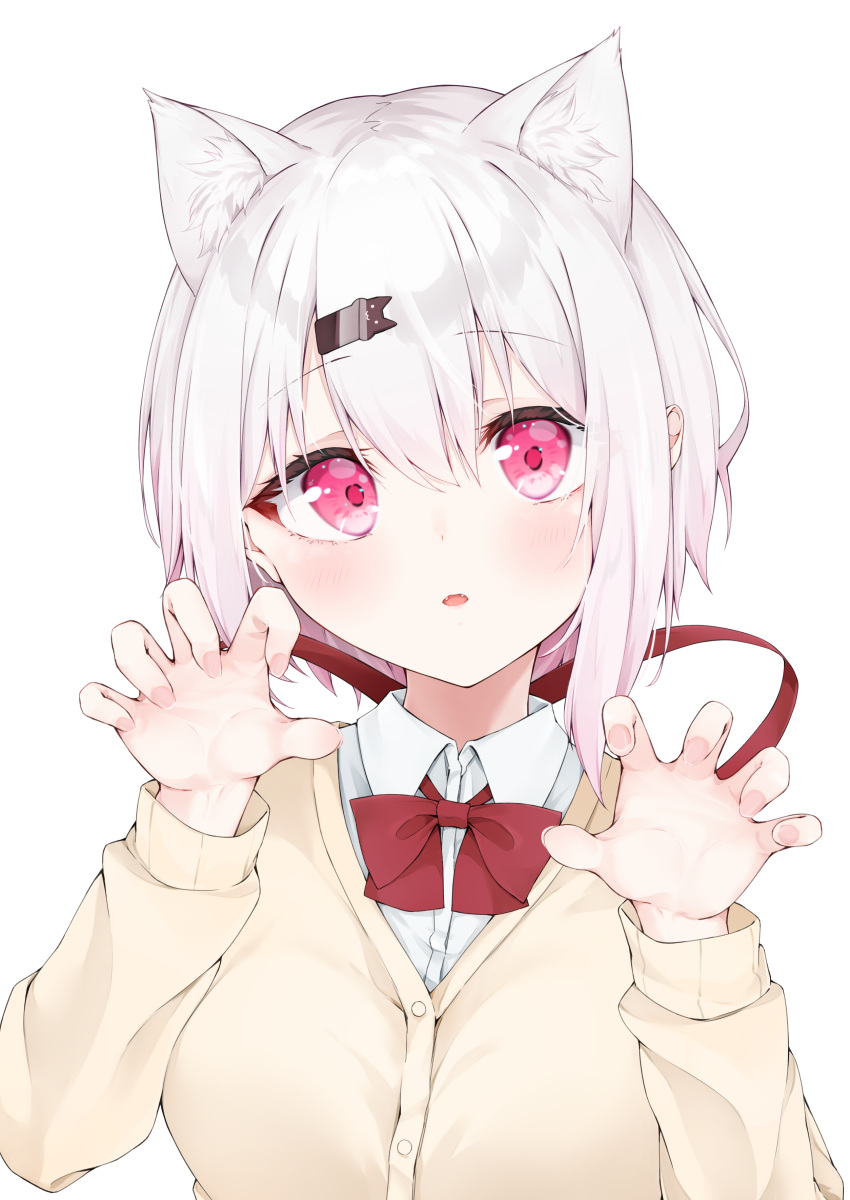 1girl absurdres animal_ear_fluff animal_ears bangs bow breasts brown_cardigan cardigan cat_ears claw_pose collared_shirt commentary_request dress_shirt eyebrows_visible_through_hair gradient_hair hair_between_eyes hands_up highres hijouguti kemonomimi_mode long_sleeves looking_at_viewer medium_breasts multicolored_hair nail_polish nijisanji parted_lips pink_hair pink_nails red_bow red_eyes red_ribbon ribbon school_uniform shiina_yuika shirt simple_background solo upper_body virtual_youtuber white_background white_hair white_shirt