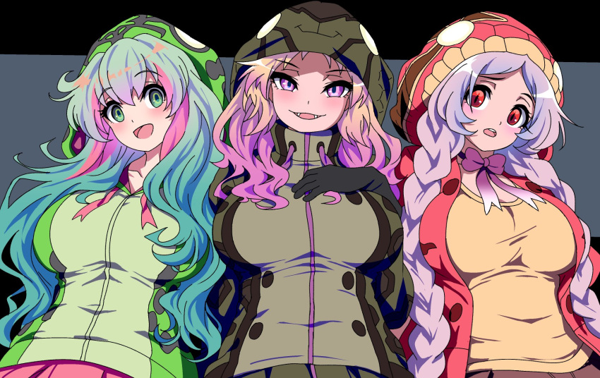 3girls :d african_rock_python_(kemono_friends) amazon_tree_boa_(kemono_friends) animal_print aqua_hair arm_behind_back arms_behind_back bangs blonde_hair boomslang_(kemono_friends) bow bowtie braid breasts choker collarbone drawstring eyebrows_visible_through_hair fangs gloves green_eyes green_hair hand_on_own_chest highres hood hood_up hooded_jacket jacket kemono_friends large_breasts long_hair long_sleeves looking_at_viewer multicolored_hair multiple_girls open_clothes open_jacket open_mouth print_jacket purple_hair quatre_aaaa raised_eyebrow red_eyes redhead shirt side-by-side skirt slit_pupils smile snake_print twin_braids upper_body very_long_hair violet_eyes