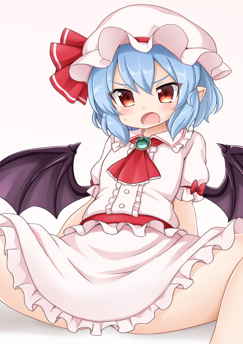 1girl ascot bat_wings blue_hair blush bow brooch center_frills commentary_request dress fang feet_out_of_frame flat_chest frills hat hat_ribbon highres jewelry kneehighs mob_cap pink_dress pink_headwear puffy_short_sleeves puffy_sleeves red_bow red_eyes red_neckwear red_ribbon remilia_scarlet revision ribbon short_hair short_sleeves simple_background sitting solo spread_legs suwa_yasai sweat touhou v-shaped_eyebrows white_background white_legwear wings