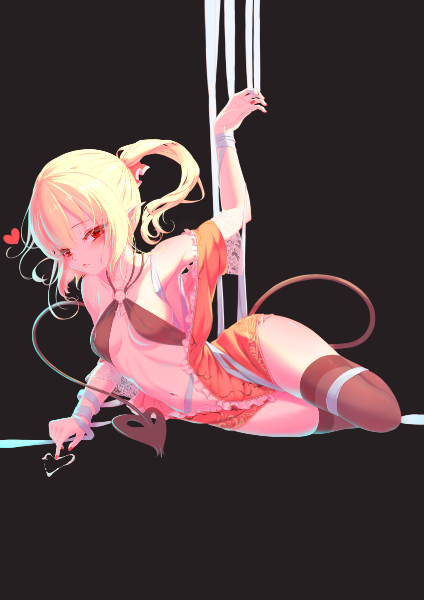 1girl absurdres arm_up armpits bandages bangs bare_shoulders black_legwear blonde_hair breasts demon_tail eyebrows_visible_through_hair flandre_scarlet heart highres in_mouth long_hair medium_breasts nail_polish navel no_hat no_headwear no_wings ponytail red_eyes seelehan solo stomach tail thigh-highs thighs touhou under_boob
