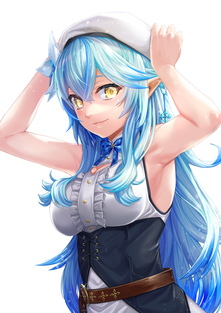 1girl armpits arms_up bangs bare_arms belt beret blue_hair blue_neckwear bow bowtie braid breasts brown_belt center_frills closed_mouth corset elf eyelashes flower framed_breasts frilled_shirt frills hair_between_eyes hair_flower hair_ornament half_updo hat high_collar highres hololive large_breasts leather_belt long_hair looking_at_viewer multicolored_hair nisui_noki pointy_ears shirt simple_background sleeveless sleeveless_shirt smile snowflake_hair_ornament solo streaked_hair underbust very_long_hair virtual_youtuber white_background white_headwear white_shirt yellow_eyes yukihana_lamy
