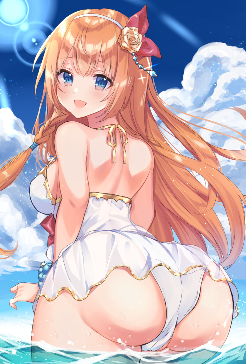 1girl :d ass bangs blue_eyes blue_sky breasts clouds commentary_request day eyebrows_visible_through_hair flower hair_flower hair_ornament hairband highres lens_flare long_hair looking_at_viewer looking_back miyakoto one-piece_swimsuit open_mouth orange_hair outdoors partially_submerged pecorine_(princess_connect!) princess_connect! princess_connect!_re:dive shoulder_blades sideboob sky small_breasts smile solo swimsuit swimsuit_skirt swimwear wading white_swimsuit