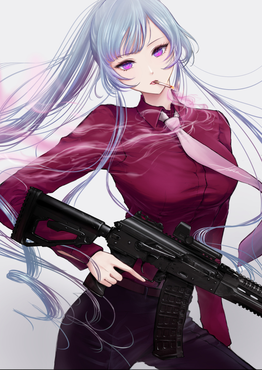 1girl ak-12 ak-12_(girls_frontline) alternate_costume assault_rifle breasts filha girls_frontline grey_hair gun highres holding holding_gun holding_weapon long_hair long_sleeves looking_at_viewer medium_breasts mouth_hold pink_neckwear ponytail rifle solo violet_eyes weapon