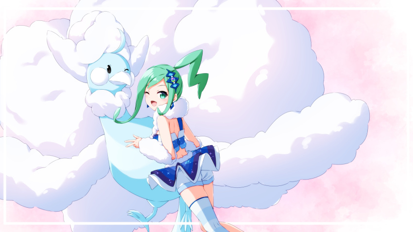 1girl ;d altaria aoi_thomas bangs bare_shoulders blue_skirt blush commentary_request eyebrows_visible_through_hair from_behind fur_collar gen_3_pokemon green_eyes green_hair highres lisia_(pokemon) looking_at_viewer looking_back mega_altaria mega_pokemon one_eye_closed open_mouth pleated_skirt pokemon pokemon_(creature) ponytail short_shorts shorts sidelocks single_thighhigh skirt smile striped striped_legwear thigh-highs white_shorts