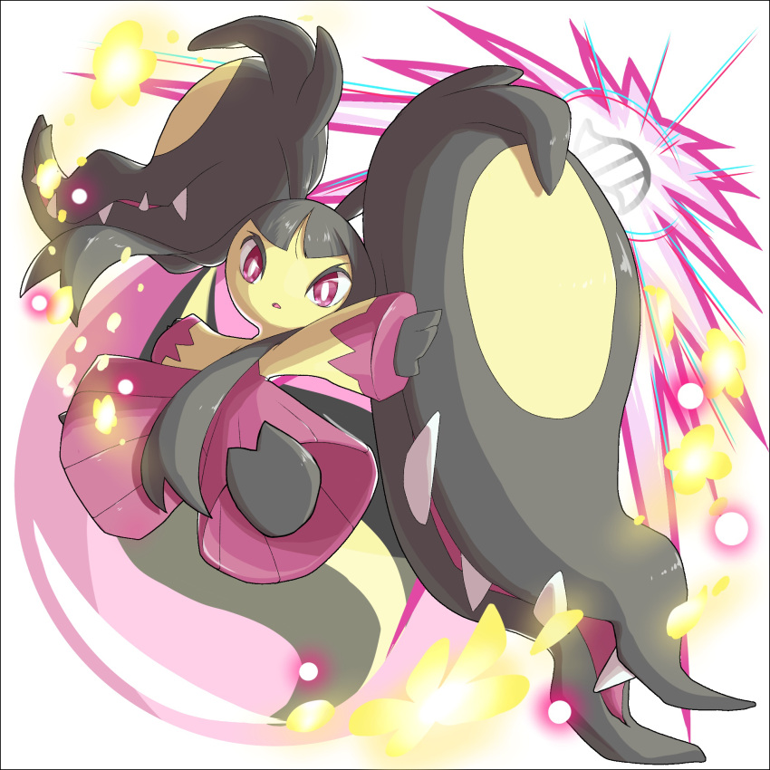 2ja_t bangs bright_pupils commentary energy full_body gen_3_pokemon highres looking_at_viewer mawile mega_mawile mega_pokemon outstretched_arms parted_bangs parted_lips pokemon pokemon_(creature) solo toes violet_eyes