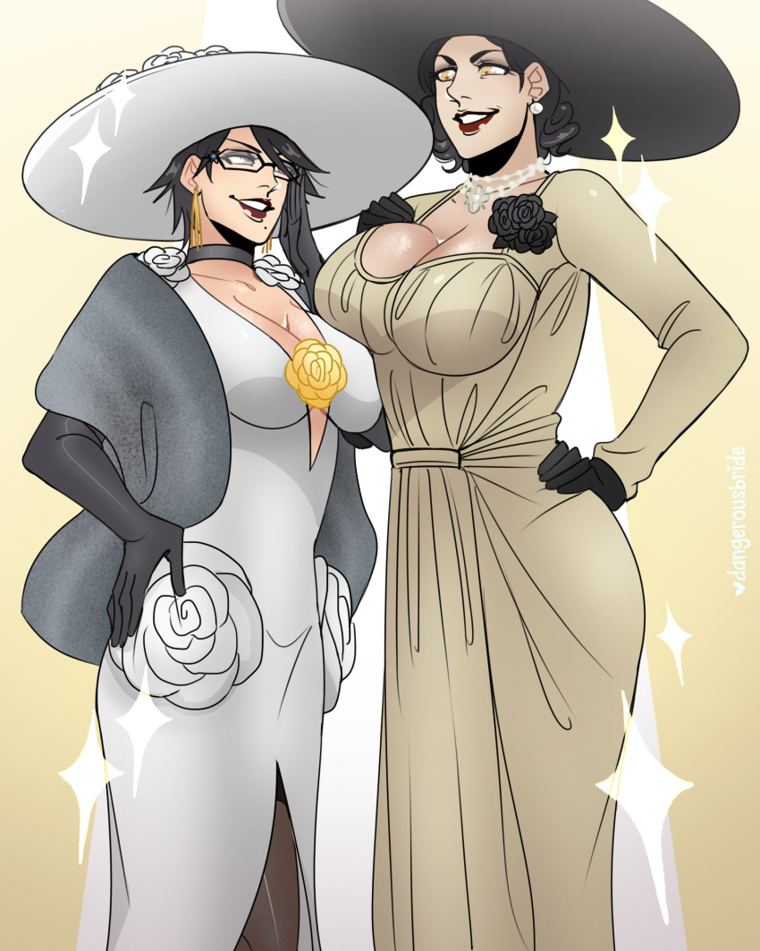 2girls alcina_dimitrescu bayonetta bayonetta_(character) beige_dress black_flower black_gloves black_hair black_rose breasts choker dangerousbride dress earrings flower glasses gloves gold_earrings golden_rose grey_eyes hand_on_hip hand_on_own_chest hand_on_own_face hat highres jewelry large_breasts large_hat lipstick makeup mole mole_under_mouth multiple_girls necklace pantyhose red_lips red_lipstick resident_evil resident_evil_village rose short_hair sparkle tall tall_female white_dress white_flower white_rose yellow_eyes