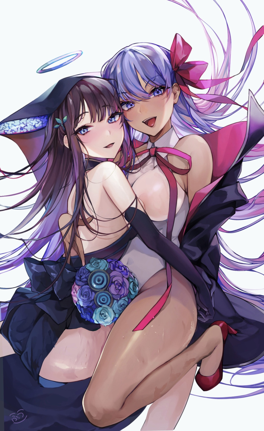 2girls ass back bangs bare_shoulders bb_(fate)_(all) bb_(swimsuit_mooncancer)_(fate) black_coat black_dress black_gloves black_headwear blue_eyes blunt_bangs blush breasts center_opening coat dark_skin dress elbow_gloves fate/grand_order fate_(series) gloves hair_ornament hair_ribbon highleg highleg_leotard highres large_breasts leaf_hair_ornament leotard long_hair looking_at_viewer mishasimarina0130 multiple_girls neck_ribbon open_clothes open_coat open_mouth popped_collar purple_hair red_ribbon ribbon simple_background smile tan thighs very_long_hair violet_eyes white_gloves white_leotard yang_guifei_(fate)