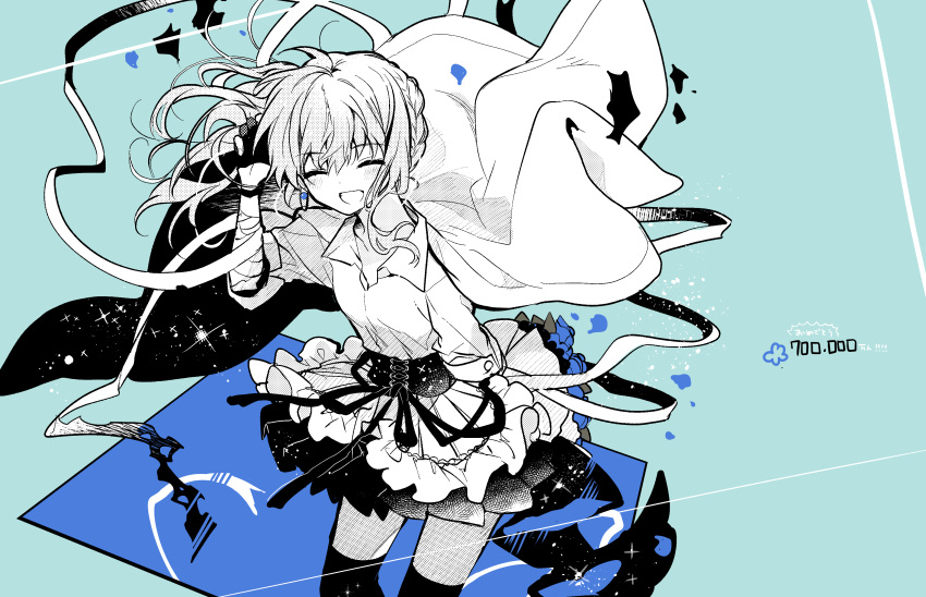 1girl :d absurdres blue_theme blush braid cape collared_shirt cyawa dot_nose facing_viewer fingernails floating_cape floating_hair gloves half_gloves hand_up highres hololive hoshimachi_suisei jewelry milestone_celebration monochrome open_mouth pantyhose partially_fingerless_gloves shirt single_earring skirt smile solo standing thigh-highs underbust