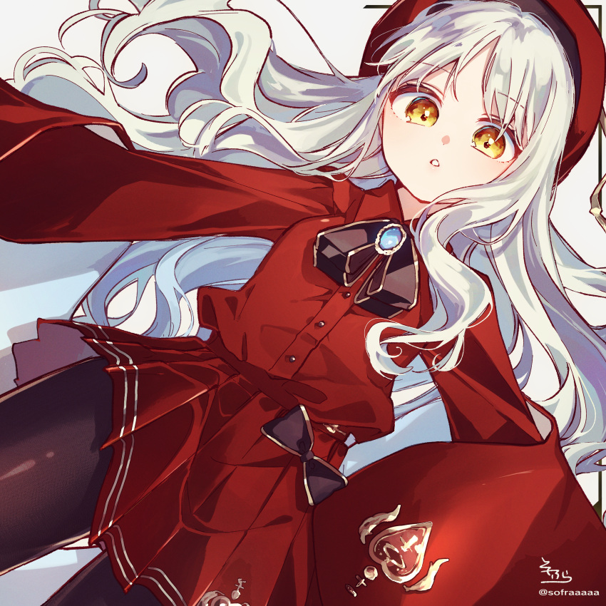 1girl absurdres bangs beret black_legwear breasts brooch caren_hortensia dress fate/grand_order fate/hollow_ataraxia fate_(series) hat highres huge_filesize jewelry long_hair long_sleeves looking_at_viewer neck_ribbon pantyhose red_dress red_headwear ribbon shawl small_breasts sofra thighs wavy_hair white_hair yellow_eyes