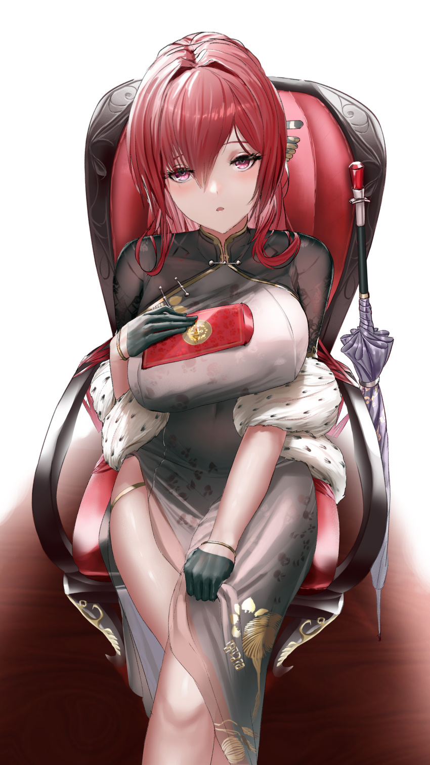 1girl absurdres armchair azur_lane bangs black_dress black_gloves blush braid breasts chair china_dress chinese_clothes dress feather_boa gloves hair_between_eyes hair_ornament half_gloves highres holding jewelry large_breasts long_hair looking_at_viewer monarch_(azur_lane) monarch_(black_qipao)_(azur_lane) open_mouth pink_eyes redhead sidelocks sitting solo umbrella very_long_hair wanne