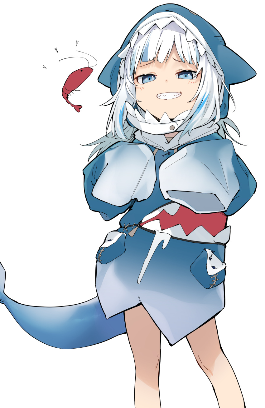 1girl absurdres blue_eyes blue_hair gawr_gura grin highres hololive hololive_english hood hoodie long_hair looking_at_viewer shark_tail sharp_teeth shrimp simple_background sleeves_past_wrists smile solo tail teeth uno_ryoku virtual_youtuber white_background white_hair