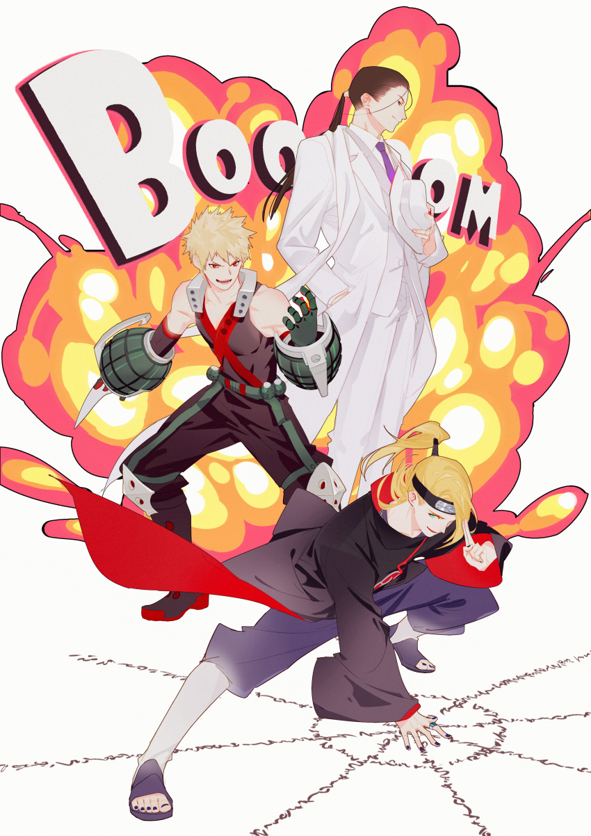 3boys absurdres akatsuki_uniform bai_wu_dong bakugou_katsuki bandana bare_shoulders black_hair blonde_hair blue_eyes boku_no_hero_academia boots crossover deidara explosion formal fullmetal_alchemist gloves hat highres holding holding_clothes holding_hat jewelry long_hair low_ponytail male_focus multiple_boys multiple_crossover nail_polish naruto_(series) naruto_shippuuden necktie onomatopoeia pants ponytail purple_neckwear red_eyes ring short_hair smile solf_j_kimblee spiky_hair suit trait_connection white_suit