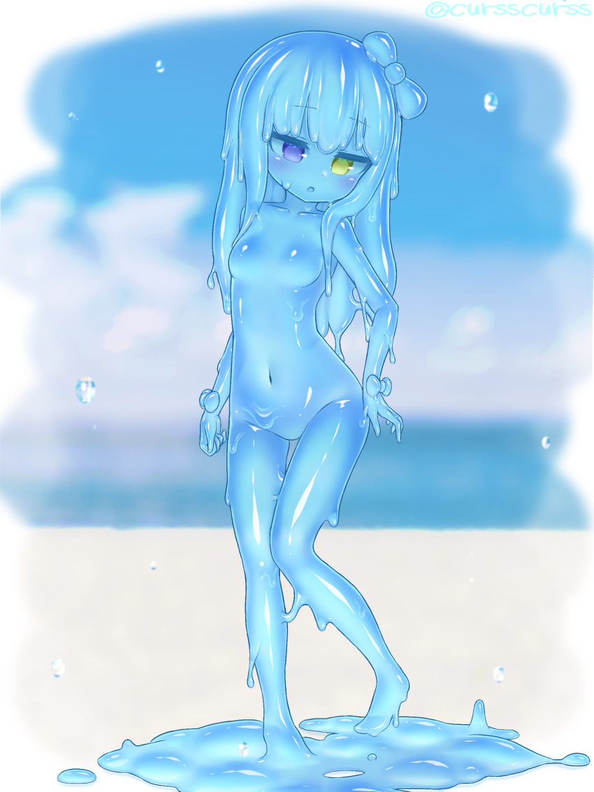 1girl :o absurdres barefoot blue_hair blue_sclera blue_skin blurry blurry_background blush bow breasts colored_sclera colored_skin completely_nude contrapposto curss depth_of_field full_body green_eyes hair_bow head_tilt heterochromia highres long_hair monster_girl navel no_nipples nude original parted_lips slime_girl small_breasts solo standing thigh_gap violet_eyes wrist_bow
