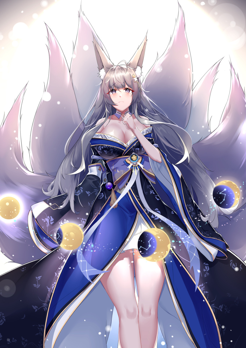 1girl absurdres animal_ear_fluff animal_ears azur_lane blue_kimono breasts cowboy_shot fox_ears fox_girl highres japanese_clothes kimono kitsune kyuubi large_breasts large_tail long_hair looking_at_viewer moon_phases mouma2333 multiple_tails off-shoulder_kimono shinano_(azur_lane) silver_hair solo tail violet_eyes white_tail