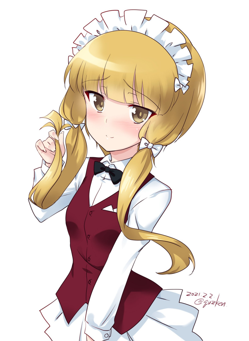 1girl artist_name black_neckwear blonde_hair blush bow bowtie breasts brown_eyes closed_mouth cutlass_(girls_und_panzer) dated eyebrows_visible_through_hair girls_und_panzer highres kuzuryuu_kennosuke looking_at_viewer maid_headdress medium_hair shiny shiny_hair shiny_skin simple_background small_breasts smile solo twintails upper_body white_background
