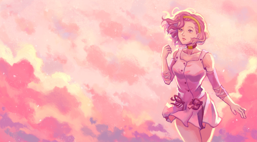 1girl arm_warmers bare_shoulders bluvianna choker clouds cowboy_shot diamond_wa_kudakenai dress hairband jojo_no_kimyou_na_bouken pink_dress pink_eyes pink_hair pink_lips pink_sky pink_theme short_dress solo sugimoto_reimi yellow_hairband