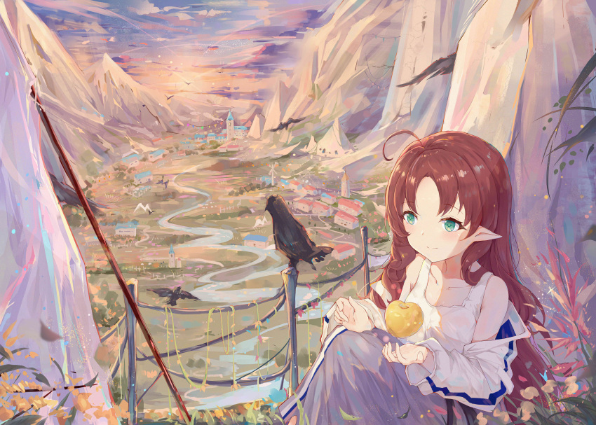 1girl absurdres ahoge apple arknights bangs bare_shoulders bird breasts closed_mouth collarbone eyebrows_visible_through_hair floating food fruit green_eyes highres jacket knees_up levitation long_hair long_sleeves looking_afar myrtle_(arknights) pointy_ears redhead scenery sitting small_breasts smile solo tank_top white_jacket white_tank_top yajuu