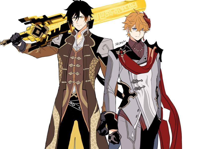 2boys artist_name bangs black_gloves black_hair blue_eyes brown_hair clenched_hand closed_mouth collarbone earrings formal genshin_impact gloves greatsword hair_between_eyes hair_over_one_eye highres holding holding_sword holding_weapon jacket jewelry long_hair long_sleeves looking_at_viewer male_focus mask mask_on_head multicolored_hair multiple_boys one_eye_covered orange_hair over_shoulder ponytail short_hair simple_background single_earring smile sushisalmon95 sword tartaglia_(genshin_impact) tassel tassel_earrings weapon weapon_over_shoulder white_background yellow_eyes zhongli_(genshin_impact)