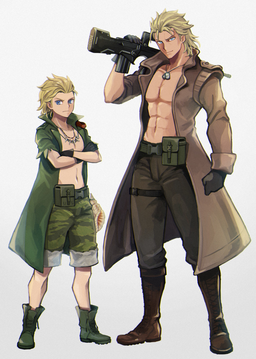 2boys belt black_gloves blonde_hair blue_eyes boots camouflage camouflage_pants child coat dog_tags dual_persona earrings eli_(mgs) film_grain gloves gun highres holding holding_gun holding_weapon jacket jewelry liquid_snake male_focus mayuzumi metal_gear_(series) metal_gear_solid metal_gear_solid_v multiple_boys necklace pants pectorals seashell shell shirtless simple_background smile weapon white_background