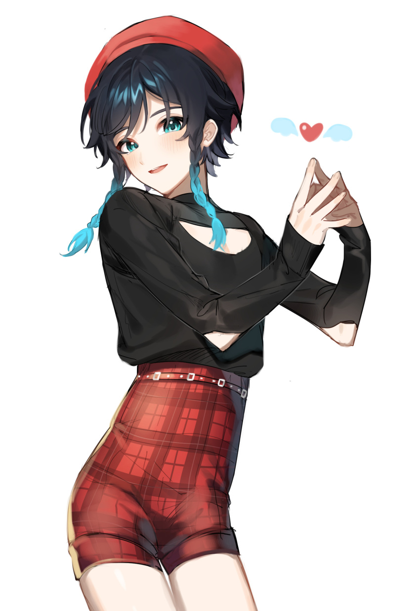 1boy androgynous bangs black_hair blue_hair blush braid breast_cutout elbow_cutout genshin_impact gradient_hair green_eyes hands_together hat heart highres kkopoli long_sleeves looking_at_viewer male_focus multicolored_hair open_mouth red_headwear simple_background smile solo twin_braids venti_(genshin_impact) white_background