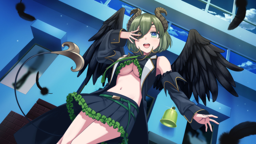 1girl :d black_skirt black_wings breasts detached_sleeves dutch_angle eyepatch feathered_wings feathers frills hand_up highres honey_strap horns indoors kisaragi_hina midriff navel open_mouth sekishiro_mico short_hair skirt smile under_boob virtual_youtuber window wings