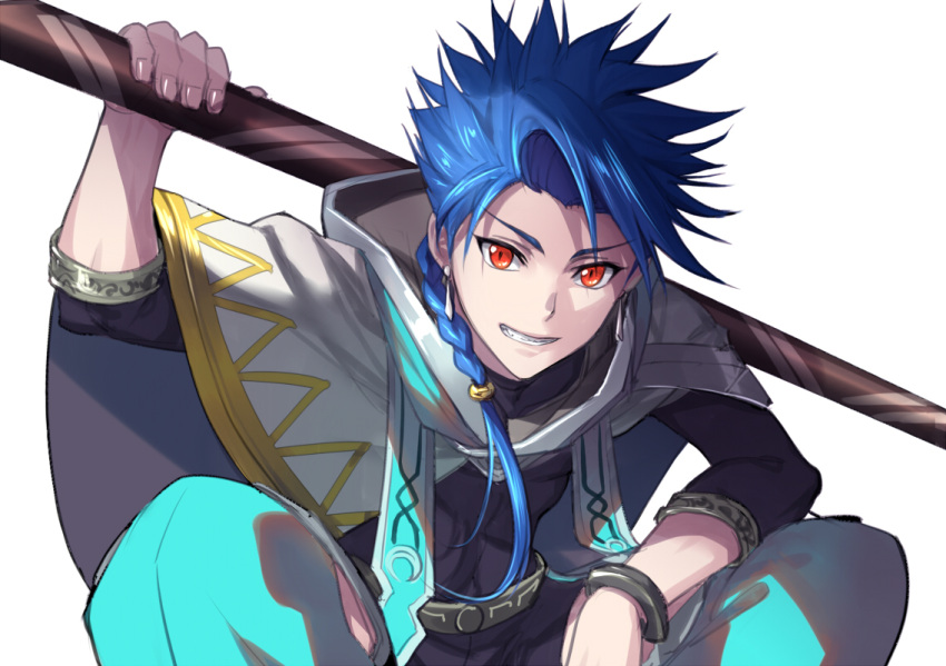 1boy asymmetrical_clothes blue_hair bracelet capelet closed_mouth cu_chulainn_(fate)_(all) earrings eilinna fang fate/grand_order fate/grand_order_arcade fate_(series) grin holding holding_staff hood hood_down hooded_capelet jewelry long_hair long_sleeves looking_at_viewer male_focus red_eyes setanta_(fate) simple_background slit_pupils smile solo spiky_hair staff white_background