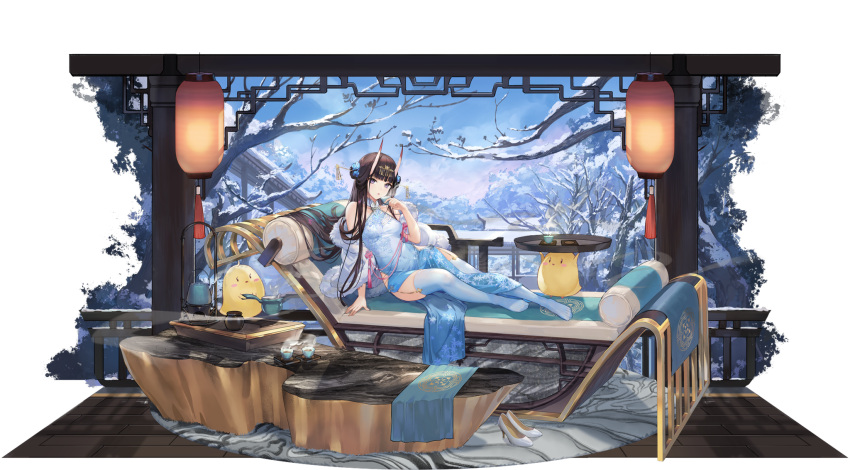 1girl arm_support atdan azur_lane bare_shoulders bird black_hair blue_dress breasts chair chick china_dress chinese_clothes coat covered_navel cup double_bun dress feet fur_trim garter_straps hair_flowing_over hair_ornament hairpin halter_dress hand_up headdress highres horns long_hair looking_at_viewer lounge_chair manjuu_(azur_lane) medium_breasts no_shoes noshiro_(azur_lane) noshiro_(fragrance_of_the_eastern_snow)_(azur_lane) off_shoulder official_alternate_costume official_art oni_horns open_clothes open_coat parted_lips pelvic_curtain reclining side_cutout sleeveless sleeveless_dress snow solo steam thigh-highs thighs transparent_background very_long_hair violet_eyes white_coat white_legwear winter