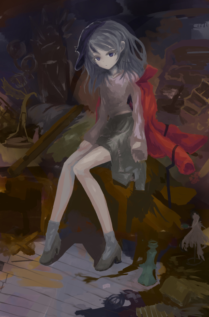 1girl bangs bare_legs black_skirt blue_eyes blue_hair closed_mouth commentary_request expressionless flat_cap full_body hat hat_ornament high_heels highres indoors jacket jacket_removed knees_together_feet_apart long_sleeves looking_at_viewer medium_hair miyako_yoshika moli_(gvfg2425) purple_headwear red_jacket red_shirt shirt sitting skirt solo star_(symbol) star_hat_ornament swept_bangs tilted_headwear touhou wooden_floor