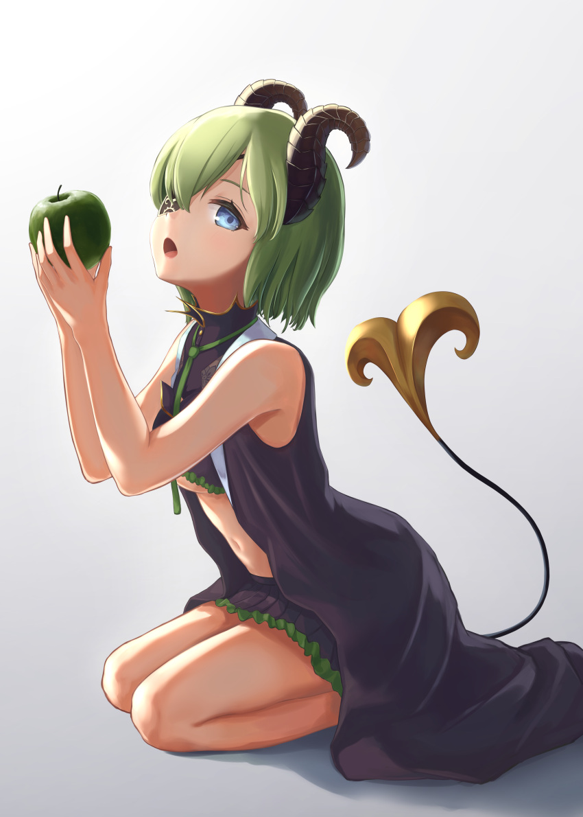 1girl absurdres apple bangs bare_shoulders blue_eyes breasts demon_girl demon_horns demon_tail eyepatch food fruit green_apple green_hair highres holding holding_food holding_fruit honey_strap horns looking_at_viewer medium_breasts navel open_mouth sekishiro_mico short_hair sitting sleeveless solo tail under_boob virtual_youtuber wariza white_background yatarime