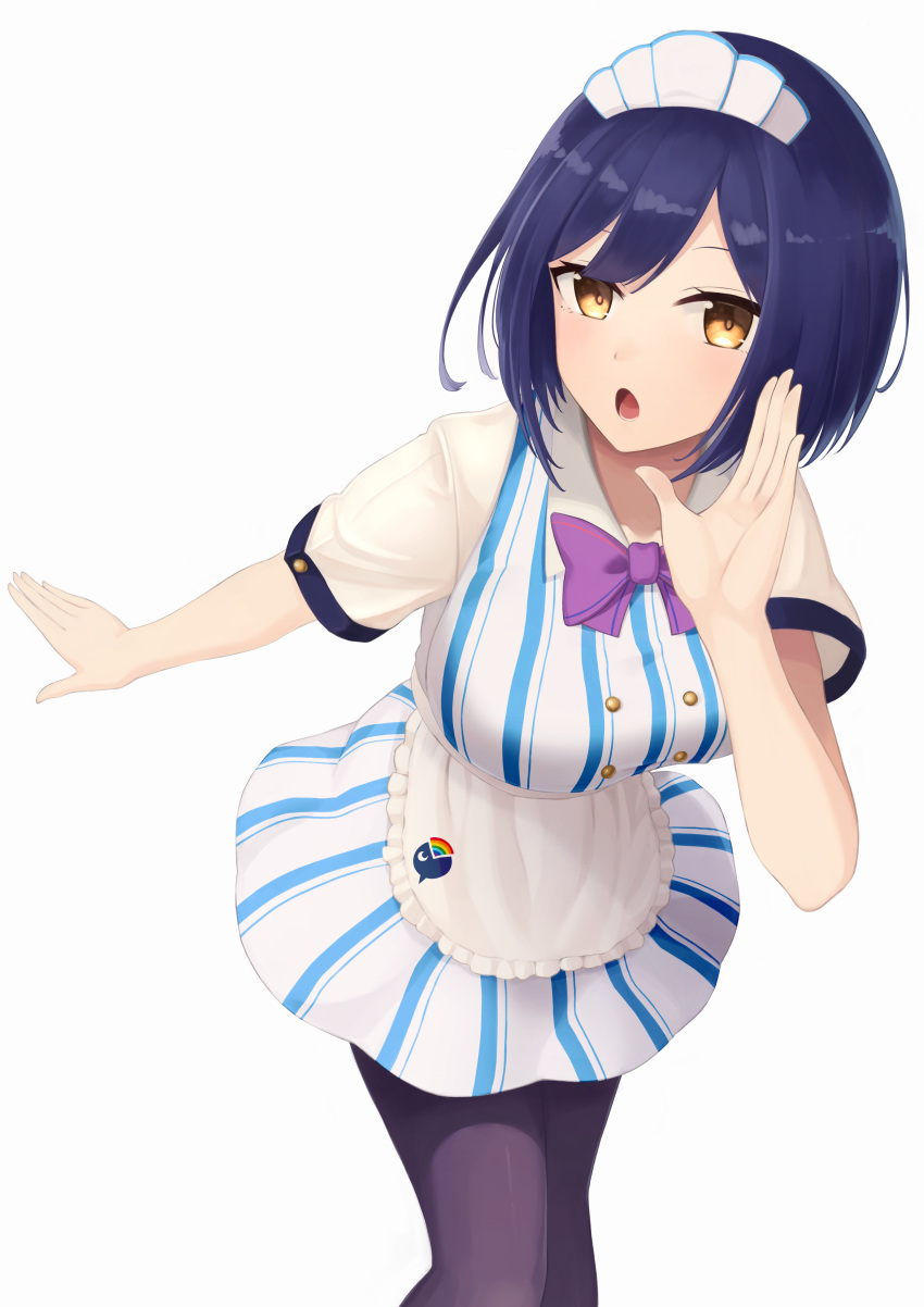 1girl absurdres bangs blue_hair bow breasts dress hands_up highres large_breasts looking_at_viewer mole mole_under_eye nijisanji open_mouth pantyhose purple_bow purple_legwear shizuka_rin short_hair short_sleeves simple_background solo virtual_youtuber white_background yatarime yellow_eyes