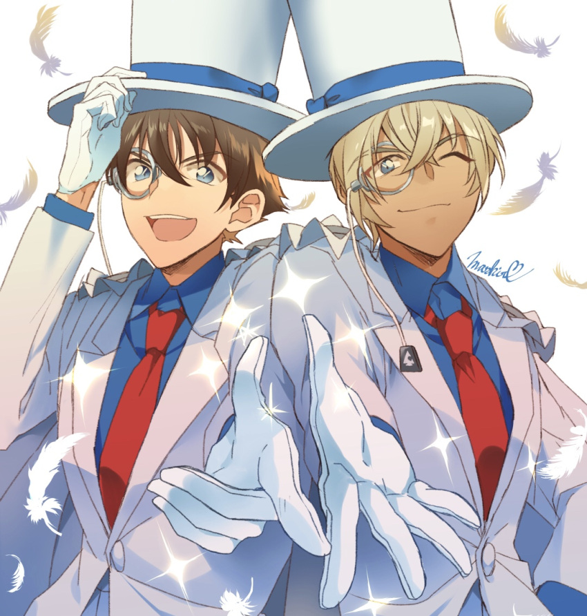 2boys :d ;) amuro_tooru arm_up bangs blonde_hair blue_eyes blue_shirt brown_hair cape closed_mouth collared_shirt commentary_request cosplay dreaming182 dress_shirt falling_feathers feathers formal gloves hair_between_eyes hand_on_headwear happy hat jacket kaitou_kid kaitou_kid_(cosplay) long_sleeves looking_at_viewer magic_kaito male_focus matching_outfit meitantei_conan monocle monocle_chain multiple_boys necktie one_eye_closed open_mouth outstretched_hand red_neckwear shirt short_hair side-by-side signature simple_background smile sparkle suit top_hat upper_body upper_teeth white_background white_cape white_feathers white_gloves white_headwear white_jacket white_suit