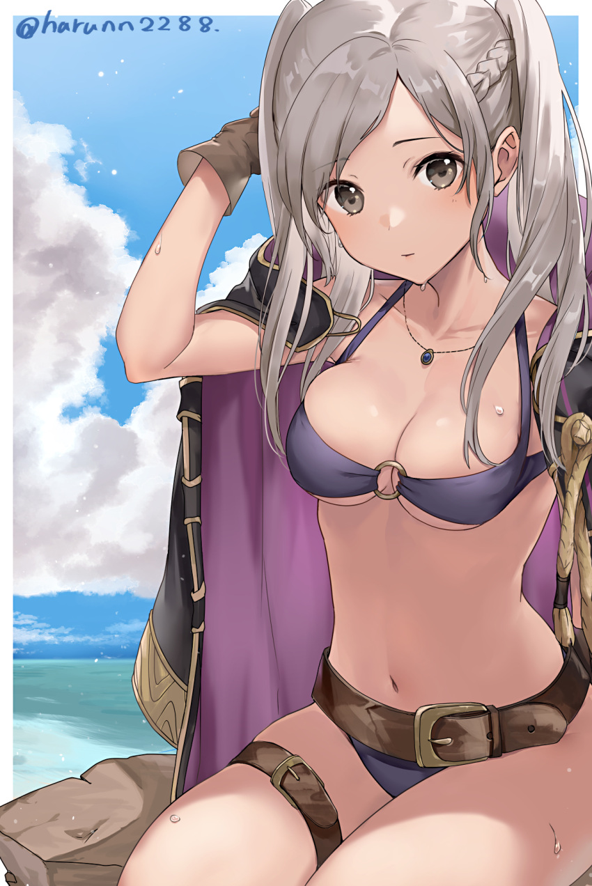 1girl belt belt_buckle bikini blue_sky braid breasts brown_belt brown_gloves buckle closed_mouth clouds coat coat_on_shoulders collarbone commentary_request day eyebrows_visible_through_hair fire_emblem fire_emblem_awakening fire_emblem_heroes french_braid gloves grey_eyes grey_hair haru_(nakajou-28) highres jewelry long_hair looking_at_viewer medium_breasts navel necklace o-ring o-ring_bikini ocean outdoors robin_(fire_emblem) robin_(fire_emblem)_(female) sitting sky solo swimsuit twintails twitter_username water wet