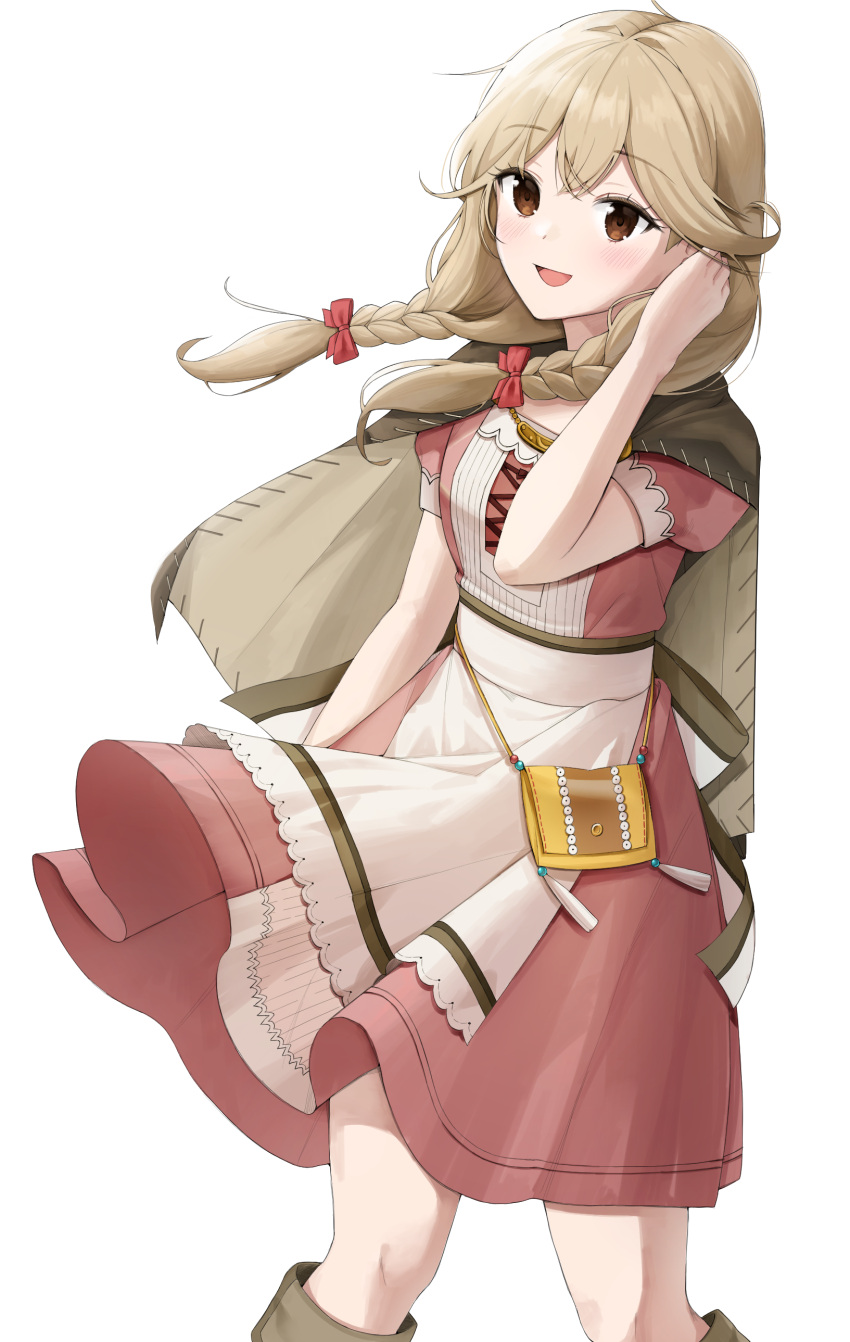 1girl absurdres apron bag blonde_hair braid breasts brown_eyes capelet dada_(dadada_20) eyebrows_visible_through_hair faye_(fire_emblem) fire_emblem fire_emblem_echoes:_shadows_of_valentia flowing_dress hair_flowing_over handbag highres knees looking_at_viewer open_mouth thighs white_background