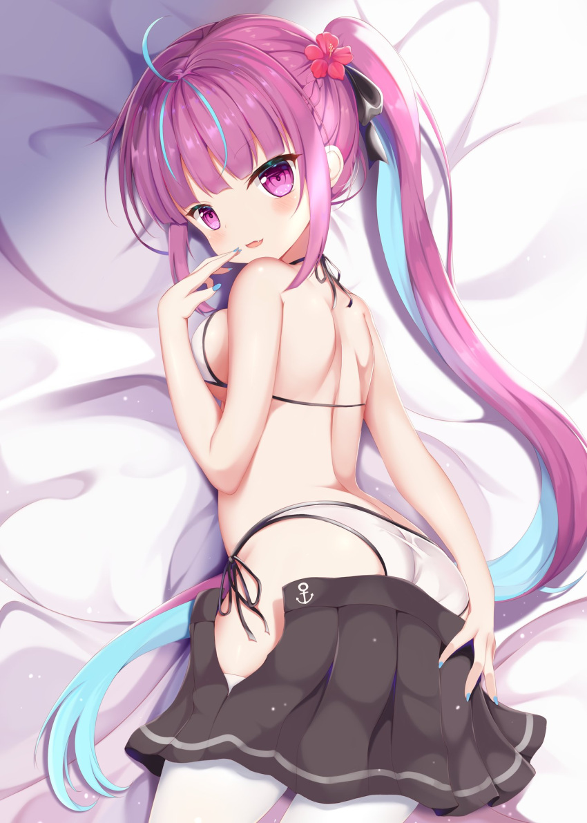 1girl ahoge ass back bangs bed_sheet bikini black_skirt blue_hair blunt_bangs breasts colored_inner_hair commentary_request fang from_above highres hololive looking_at_viewer lv263690169 medium_breasts minato_aqua multicolored_hair nail_polish open_mouth purple_hair shoulder_blades sideboob skirt skirt_pull solo swimsuit thigh-highs twintails two-tone_hair violet_eyes white_bikini white_legwear
