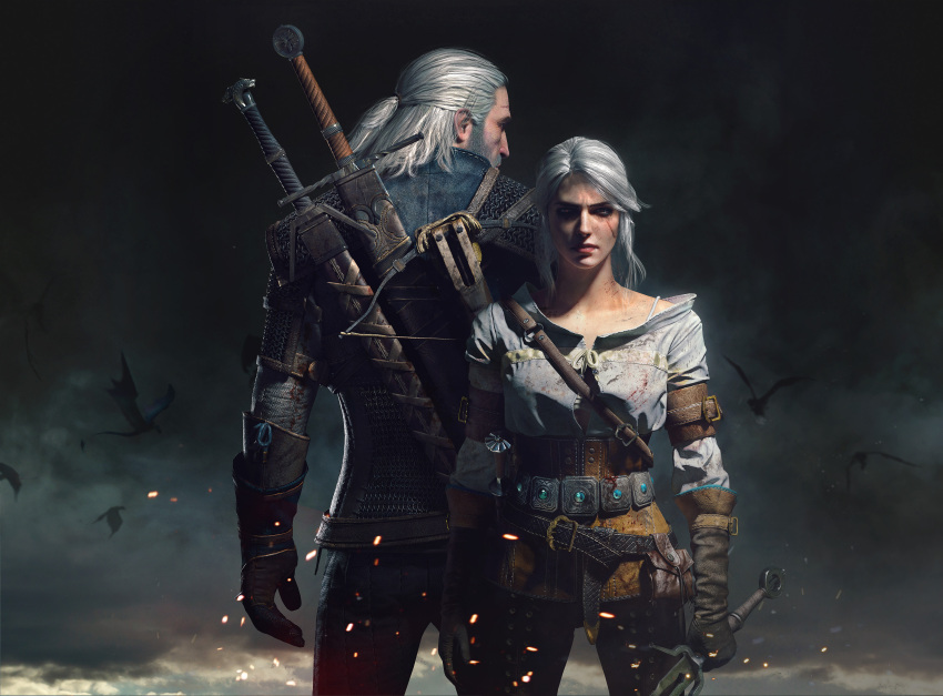 1boy 1girl absurdres armor back-to-back bartlomiej_gawel beard belt black_belt blood bloody_clothes bra_strap breasts brown_gloves buttons chainmail ciri closed_mouth clouds cloudy_sky collarbone collarless_shirt cowboy_shot crossbow dagger english_commentary facial_hair flying from_behind geralt_of_rivia gloves grey_sky highres holding holding_sword holding_weapon jacket jewelry leather leather_belt lips long_sleeves looking_at_viewer looking_to_the_side manly medium_hair monster official_art outdoors over_shoulder pants ponytail pouch render scar scar_across_eye serious shaded_face shirt silver_hair sky standing sword sword_behind_back the_witcher upper_body weapon weapon_on_back weapon_over_shoulder white_shirt
