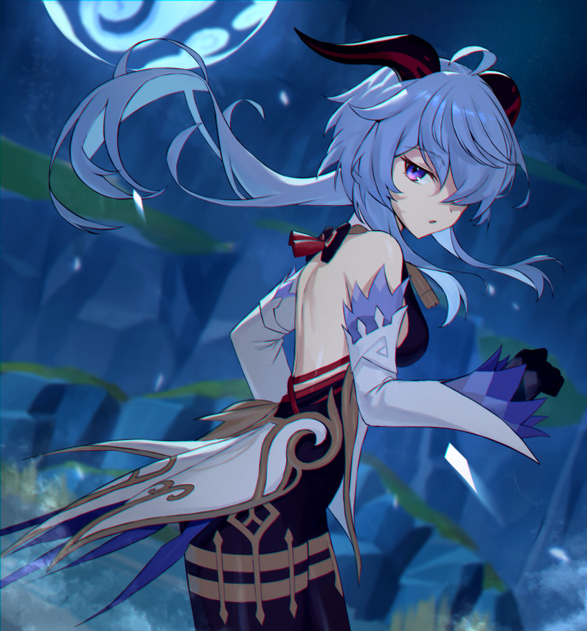 1girl ahoge bare_shoulders black_legwear bow detached_sleeves from_side ganyu_(genshin_impact) genshin_impact gloves hair_bow hair_over_one_eye half-closed_eye highres horns lariat_scr long_hair long_sleeves looking_at_viewer mountain night open_mouth outdoors violet_eyes
