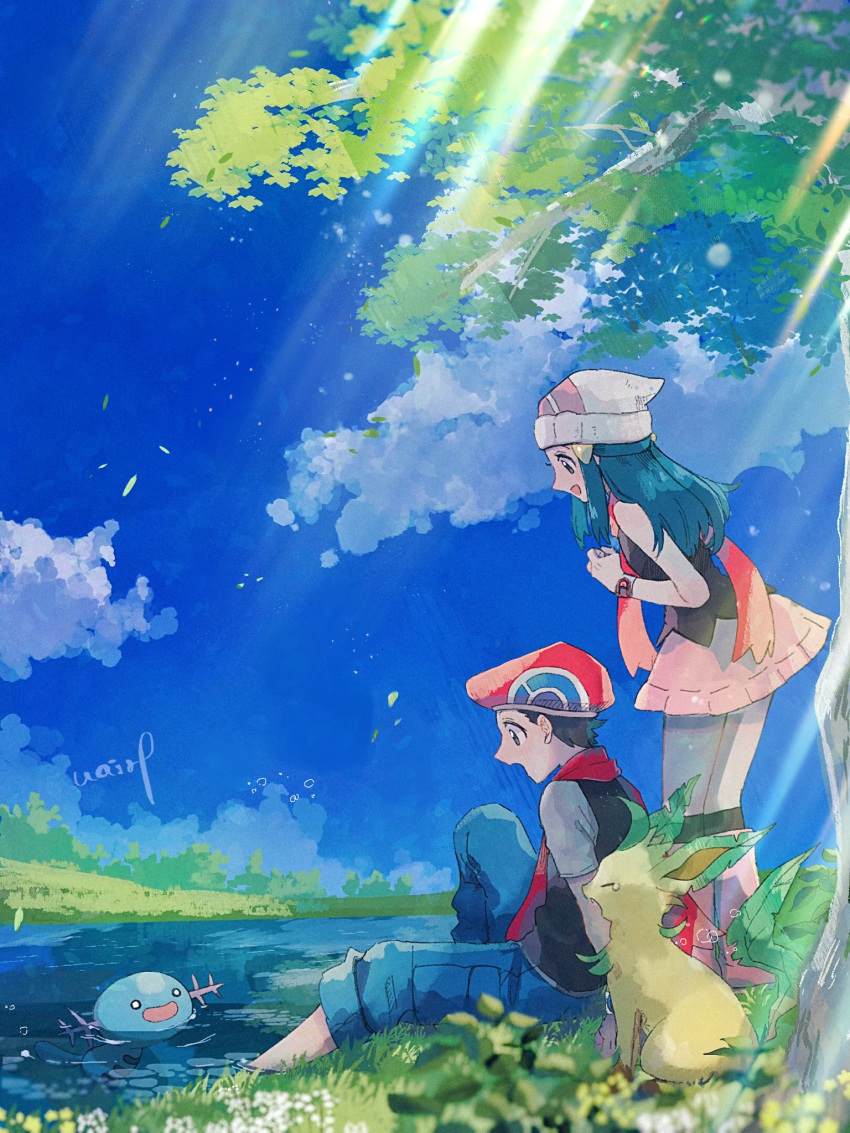 1boy 1girl beanie black_legwear boots clouds hikari_(pokemon) day gen_2_pokemon gen_4_pokemon grass hair_ornament hairclip hanenbo hat highres leafeon long_hair looking_down lucas_(pokemon) open_mouth outdoors pants pants_rolled_up pink_footwear pink_skirt pokemon pokemon_(creature) pokemon_(game) pokemon_dppt red_headwear red_scarf scarf shirt short_sleeves sidelocks signature skirt sky sleeveless sleeveless_shirt smile tree water wooper