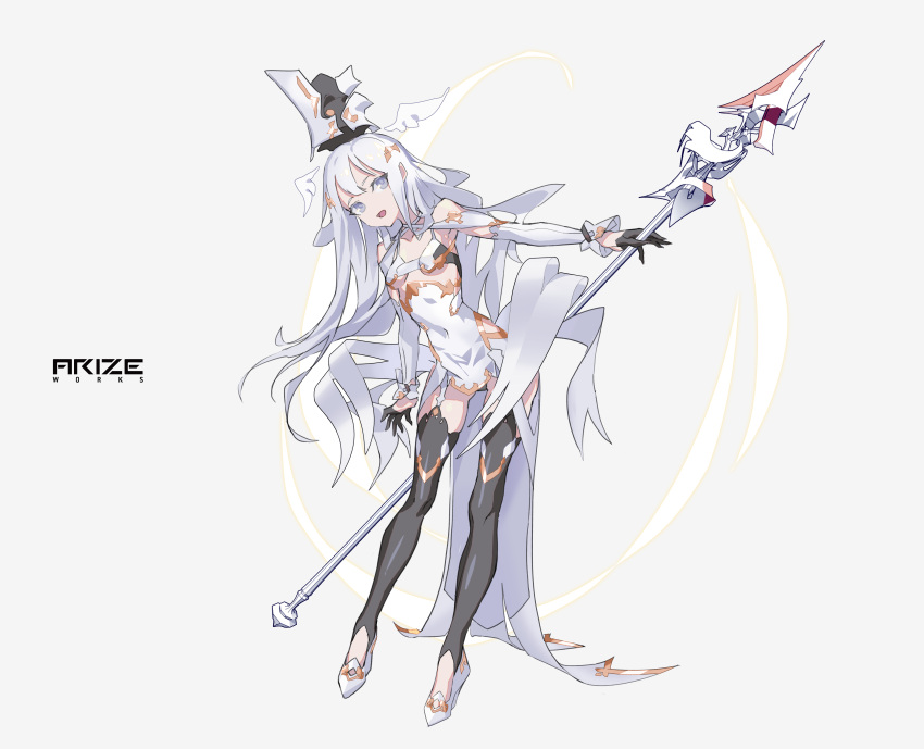 1girl absurdres bangs black_gloves black_legwear breasts cancell covered_navel detached_sleeves dress fantasy garter_straps gloves half_gloves hat highres holding holding_staff long_hair looking_at_viewer open_mouth original small_breasts solo staff thigh-highs white_dress white_hair