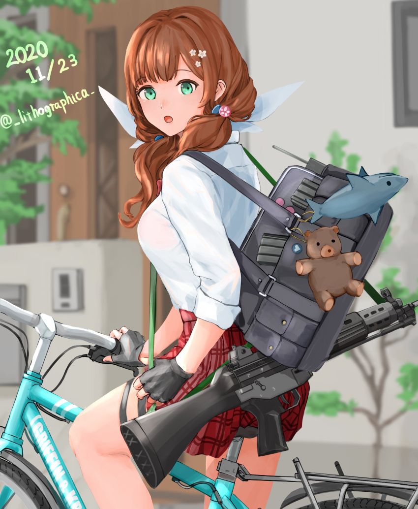 1girl absurdres assault_rifle bag bag_charm bangs bicycle black_gloves breasts brown_hair charm_(object) dated fingerless_gloves girls_frontline gloves green_eyes ground_vehicle gun hair_ornament highres howa_type_89 howa_type_89_(girls_frontline) lithographica long_hair open_mouth outdoors plaid plaid_skirt riding_bicycle rifle shirt shoulder_bag skirt solo twitter_username weapon white_skirt