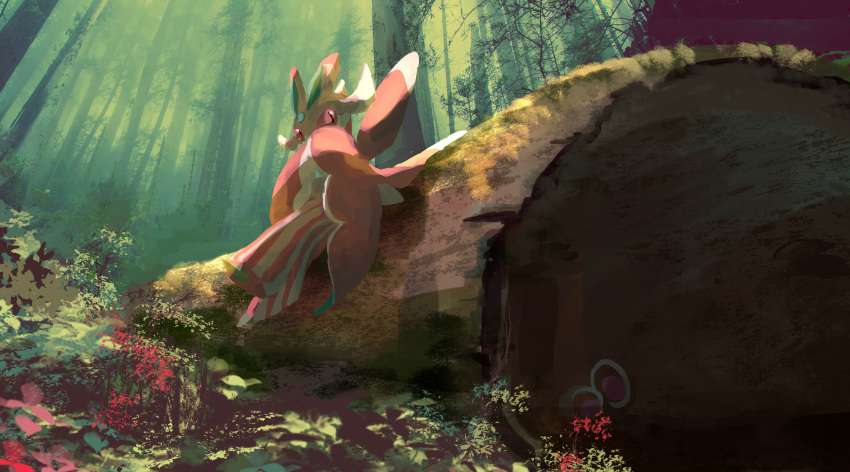 1girl absurdres antennae bush colored_sclera commentary_request day dutch_angle flower forest full_body gen_7_pokemon hands_up highres insect_girl log looking_to_the_side lurantis moss nature outdoors pokemon pokemon_(creature) red_eyes red_flower red_sclera scenery sitting sketch slit_pupils solo tree umi_hire