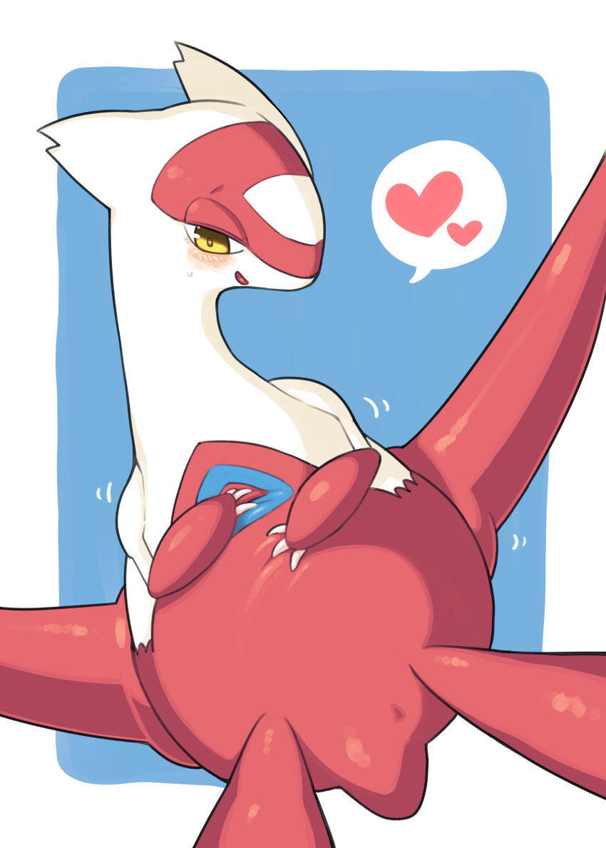 1girl blue_background blush border claws commentary_request dragon gen_3_pokemon half-closed_eyes hand_on_own_chest happy heart heart_in_eye highres ino_(tellu0120) latias legendary_pokemon looking_down motion_lines no_humans open_mouth outside_border pokemon pokemon_(creature) shiny shiny_skin sideways_mouth simple_background smile solo speech_bubble spoken_heart sweat symbol_in_eye white_border yellow_eyes