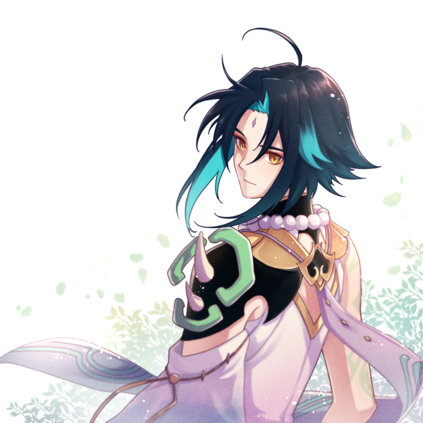 1boy ahoge arm_tattoo bangs bare_shoulders bead_necklace beads black_hair brill_p closed_mouth detached_sleeves facial_mark forehead_mark from_behind genshin_impact green_hair highres jewelry long_hair looking_at_viewer looking_back male_focus multicolored_hair necklace parted_bangs shoulder_pads shoulder_spikes simple_background sleeveless solo spikes tattoo xiao_(genshin_impact) yellow_eyes