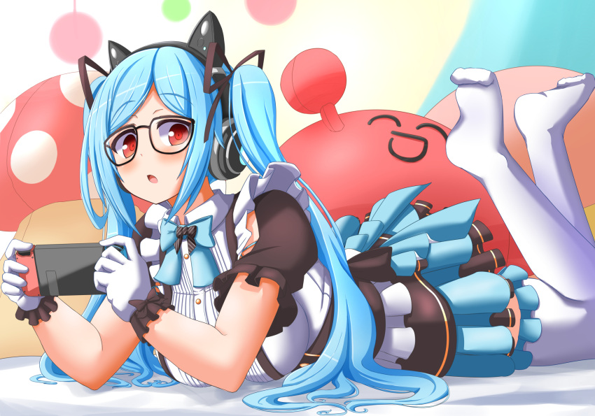 .live alternate_costume bespectacled blue_hair breasts cat_ear_headphones commentary_request glasses gloves headphones highres large_breasts looking_at_viewer lying on_stomach playing_games red_eyes shizukanahoshi thigh-highs twintails virtual_youtuber white_legwear yamato_iori